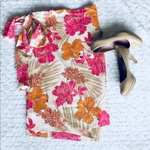 Express 100% silk wrap floral skirt. Coral and tan